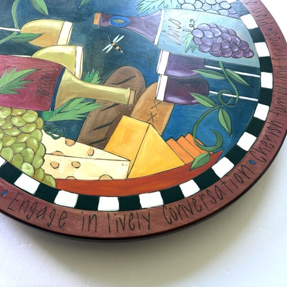 Sticks Handmade Lazy Susan 20" Wine and Cheese Wood Burned Hand Painted - Picture 5 of 10